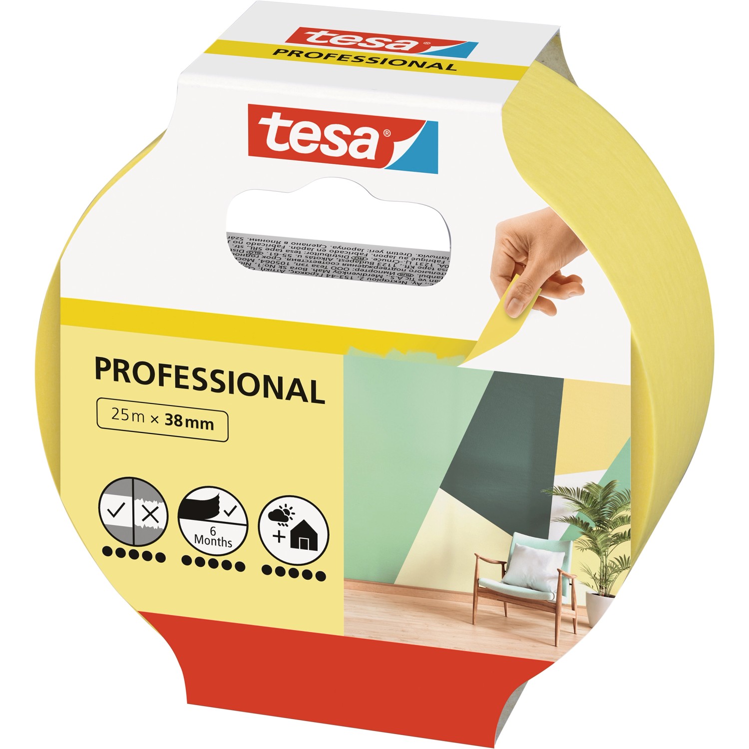 Tesa Malerband Professional, 25 m x 38 mm, gelbes Abdeckband für präzise Farbkanten.