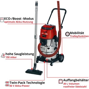 Einhell Akku-Nass-Trockensauger TE-VC 36/30 Li-Solo mit Edelstahlbehälter und Zubehör.
