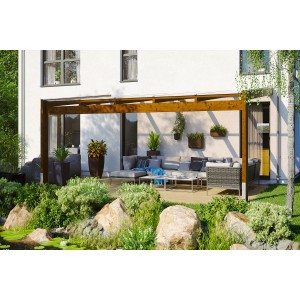 Skan Holz Terrassenüberdachung Novara, 557x359 cm, Nussbaum, mit klarer Polycarbonat-Dacheindeckung.