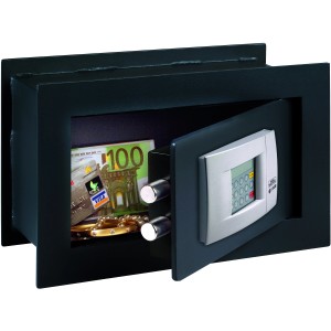 Burg-Wächter Wandtresor Point-Safe PW 2 E Schwarz, geöffnet mit Inhalt (Geld, Schmuck, Kreditkarte).
