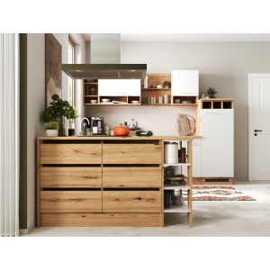 Respekta Winkelküche Hilde, 280x172 cm, Weiß mit Kücheninsel und Elektrogeräten.