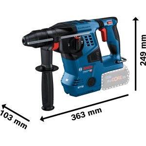 Bosch Professional Akku-Bohrhammer GBH 18V-28 C in Blau mit Zusatzhandgriff und Akku.