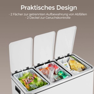 Weißer Songmics Mülleimer mit 3 Fächern zur Mülltrennung, teilweise geöffnet.
