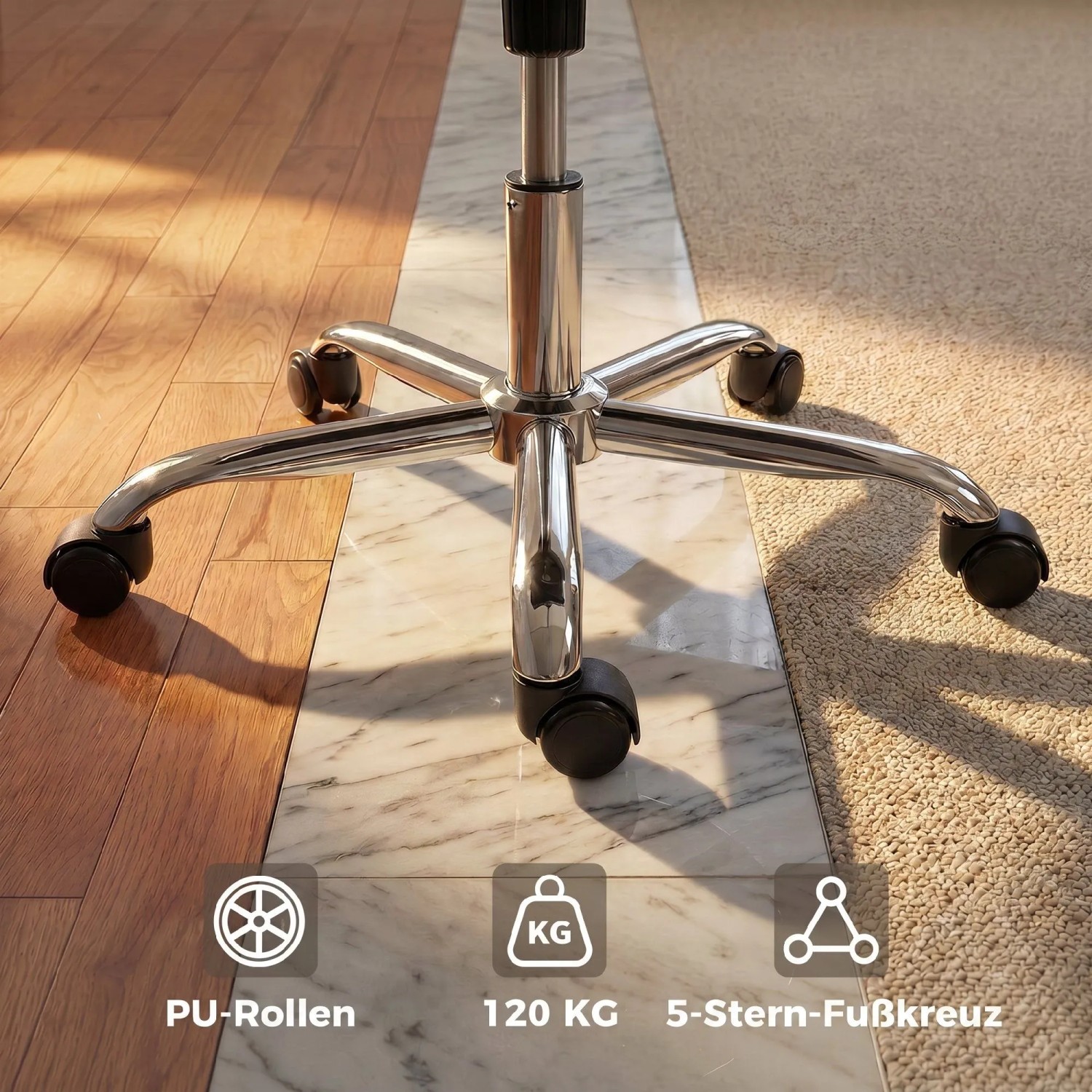 HOMCOM Bürostuhl: Chrom-5-Stern-Fußkreuz mit PU-Rollen, belastbar bis 120 kg, für Hart- und Teppichböden.