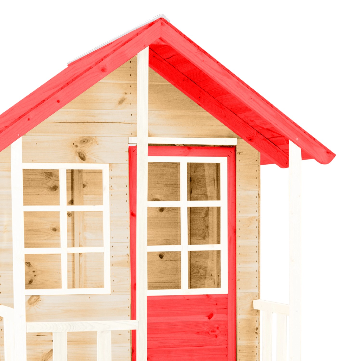 Detailansicht des Zwerkules Spielhaus Lolla mit rotem Dach und Tür.