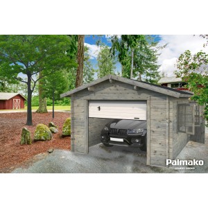 Graue Palmako Holzgarage Roger mit Sektionaltor und Auto. Fertiggarage mit Fenster und Holzwänden.