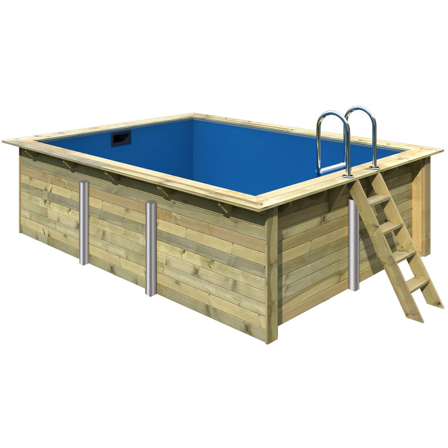 Rechteckiger Karibu Holzpool mit blauer Innenhülle und Leiter.