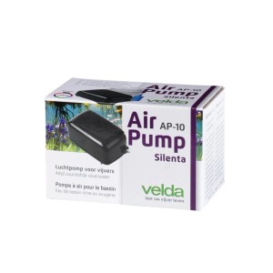 Velda Silenta AP-10 Belüftungset für Teiche. Weiße Verpackung mit schwarzer Luftpumpe und Teichmotiv. Teichpumpe.