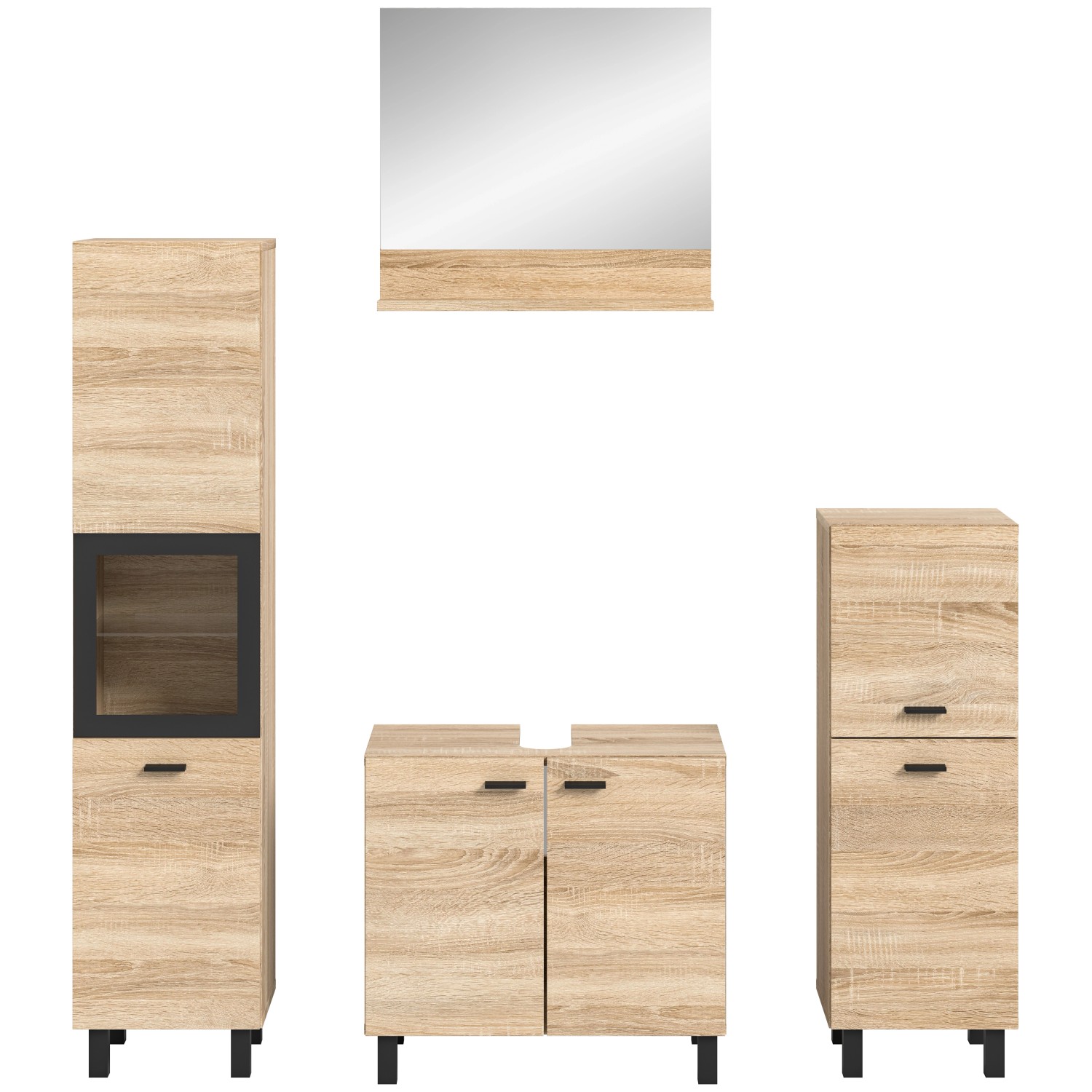 Badkombination Sonoma Eiche mit Spiegel und schwarzen Rahmen, bestehend aus Waschbeckenunterschrank und zwei Badschränken.