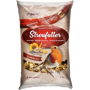 Fidelio Streufutter 1 kg, Wildvogelfutter im Sack mit Rotkehlchen.