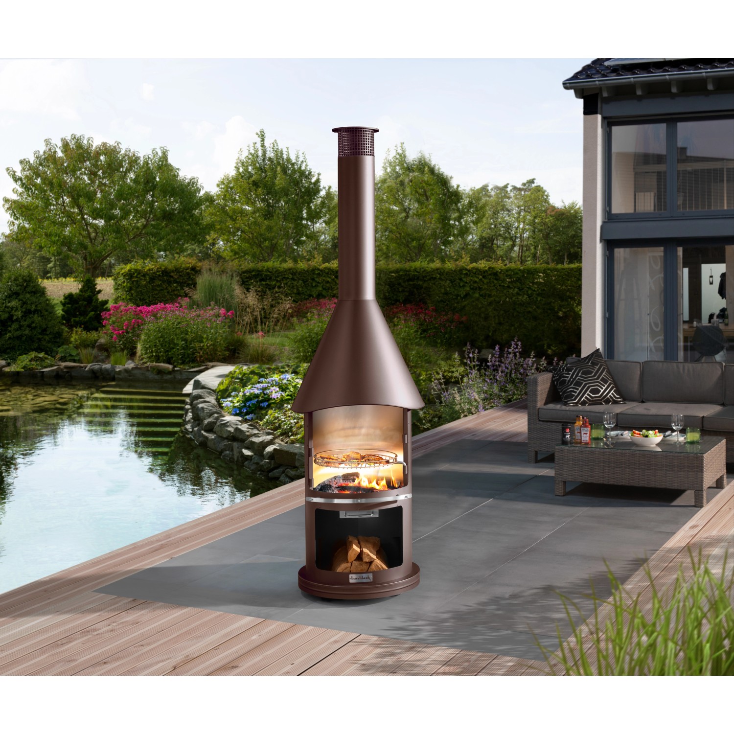 Buschbeck Grillkamin Auckland Braun Metallic. Holzkohlegrill mit Feuerstelle für Garten & Terrasse.