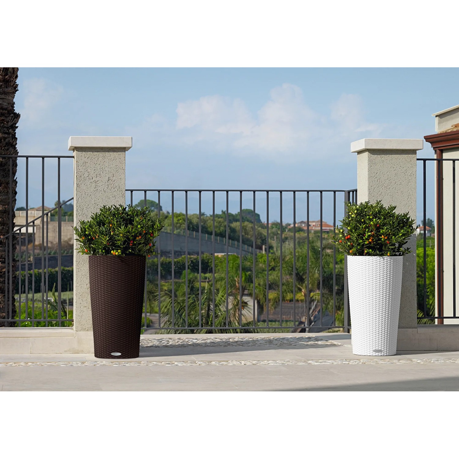 Lechuza Cilindro Cottage Pflanzsäulen, weiß und braun, mit Pflanzen und Bewässerungssystem.