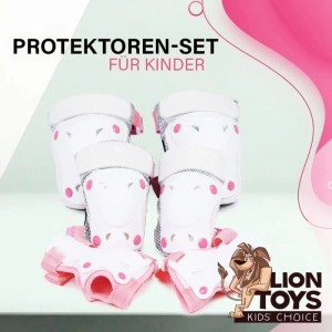 Lion Toys Protektoren Set, 6-teilig, weiß/pink für Kinder (6-12 Jahre) – Knie-, Ellenbogen-, Handschützer.