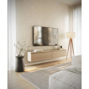 Selsey TV-Hängeboard Bemmi 175 cm in Eiche Holzoptik, wandmontiert unter TV im Wohnzimmer. Modernes Lowboard mit zwei Fächern.