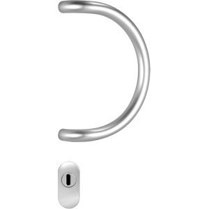 Stoßgriff-Set für Kunststofftüren, halbrunde Edelstahl-Form mit PZ Rosette.