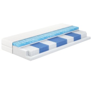 Aufgeschnittene Gelschaum-Taschenfederkernmatratze mit blauen und weißen Federn.