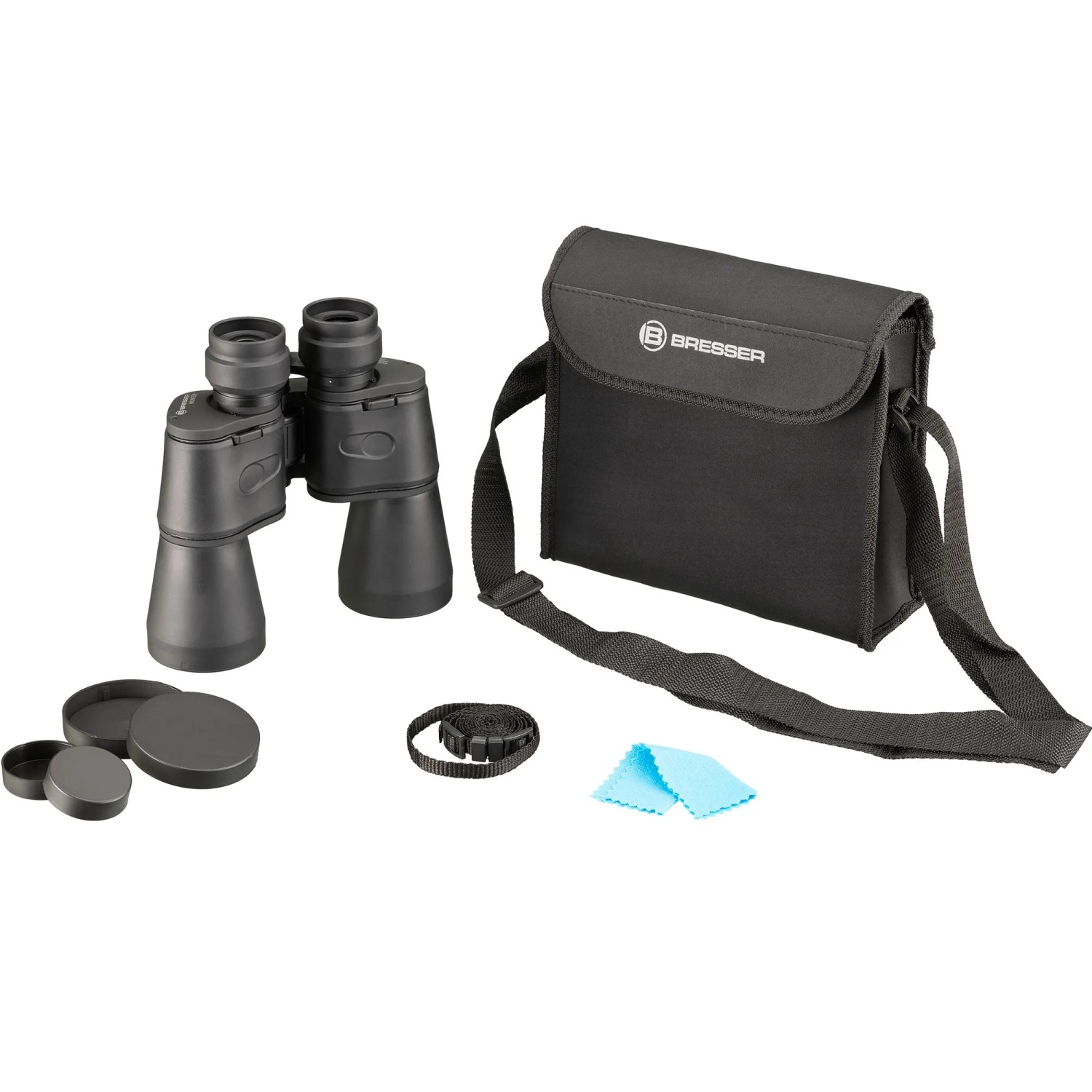 Schwarzes Bresser Hunter 16x50 Fernglas mit Tasche, Trageriemen und Objektivschutzdeckel.