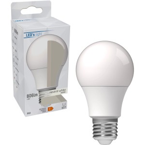 LED-Leuchtmittel E27, 8W, 806 Lumen, neutralweiß, klassische A60 Form.
