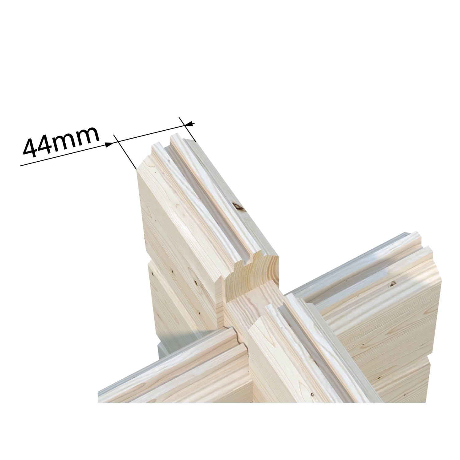 Detailaufnahme der 44 mm Blockbohlen-Eckverbindung des Palmako Gartenhauses Claudia.