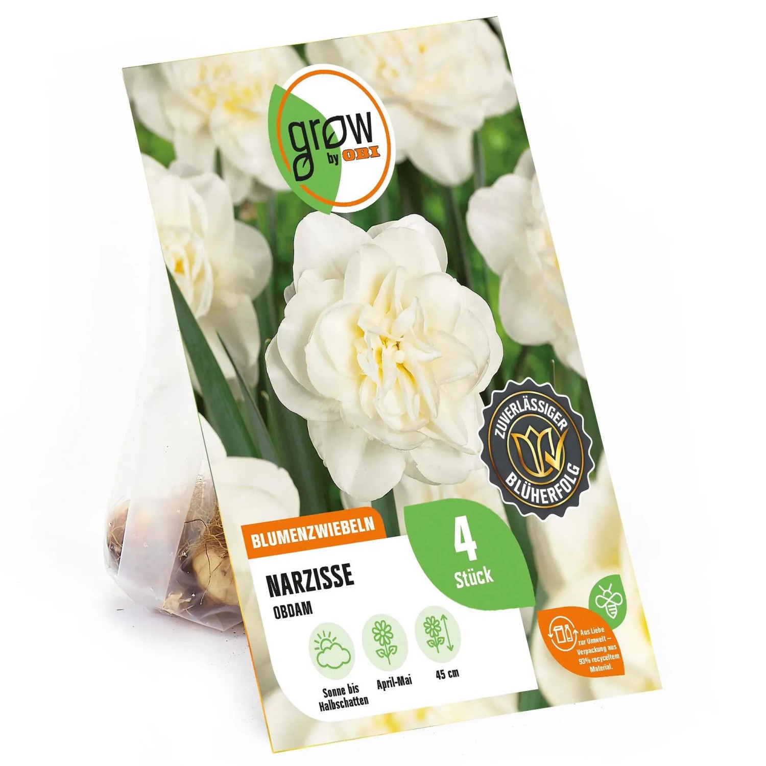 GROW by OBI Narzisse 'Obdam', gefüllte, weiße Blüte, 4 Stück Blumenzwiebeln im Beutel.