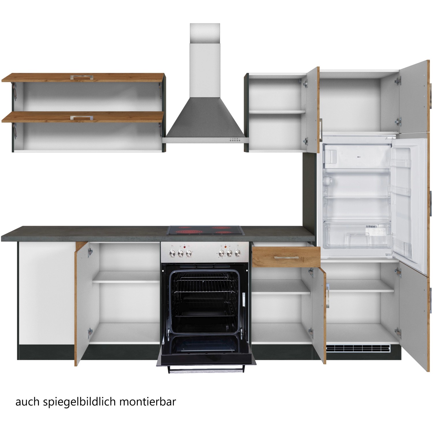 Held Möbel Küchenzeile Sorrento in Wotaneiche-Grafit mit E-Geräten und offenen Schranktüren.