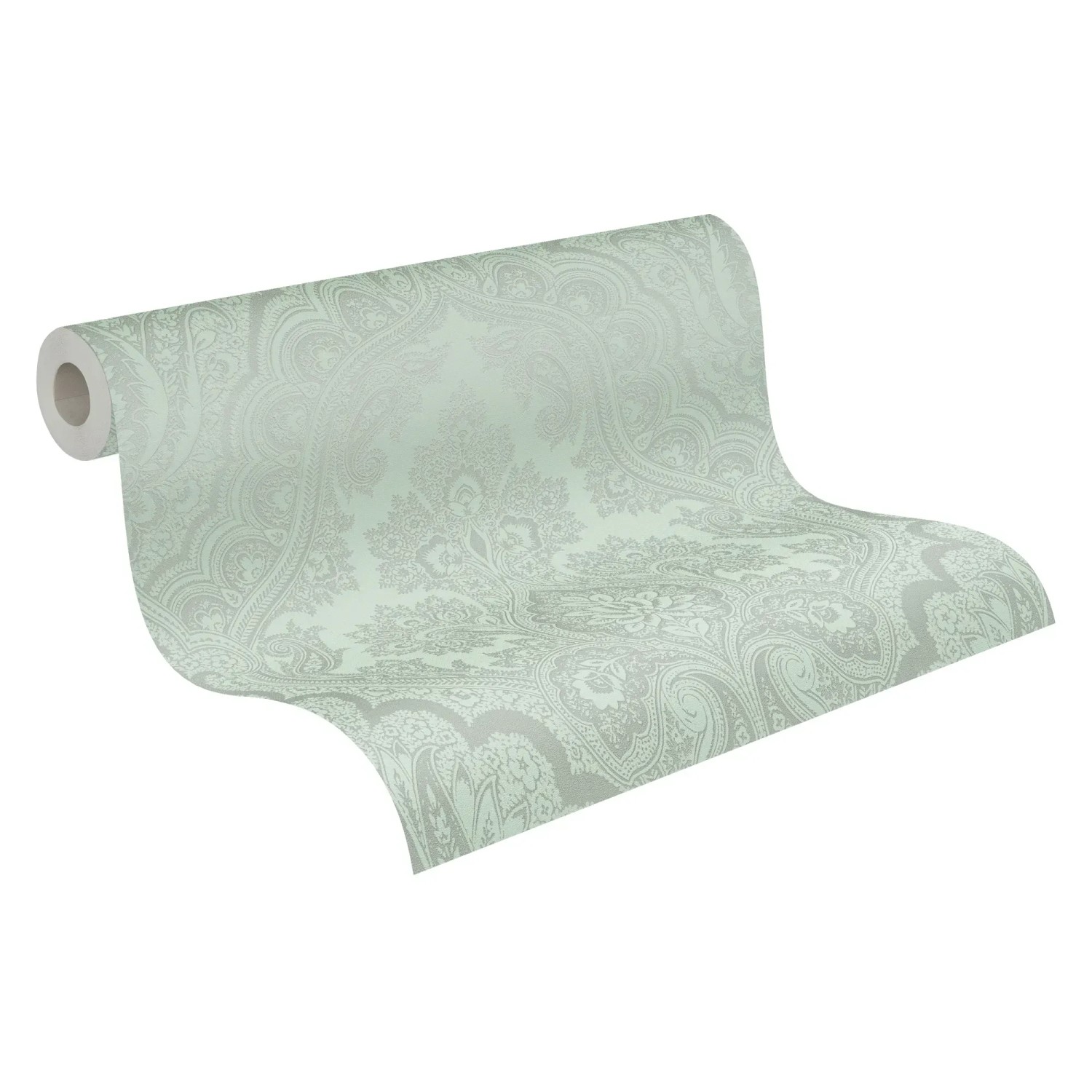 Rolle Vliestapete mit Barock Ornament in Eukalyptus Grün und Silber Glanz.