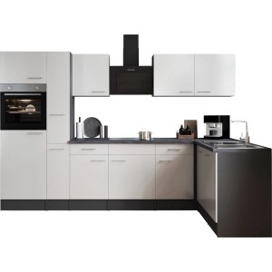 Respekta Winkelküche Oliver 310 cm Weiß mit E-Geräten und Granit Optik Arbeitsplatte.