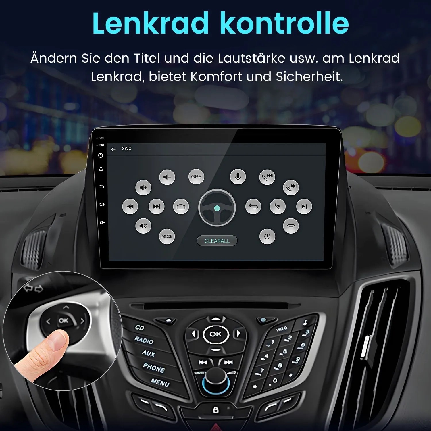 Junsun Autoradio für Ford Escape mit Touchscreen, zeigt Lenkradsteuerung für Komfort und Sicherheit.
