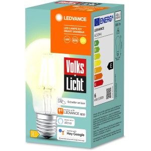 Ledvance Smart+ Bluetooth LED-Lampe, Kolbenform, E27, 6W, Filament, klar, dimmbar in Produktverpackung.