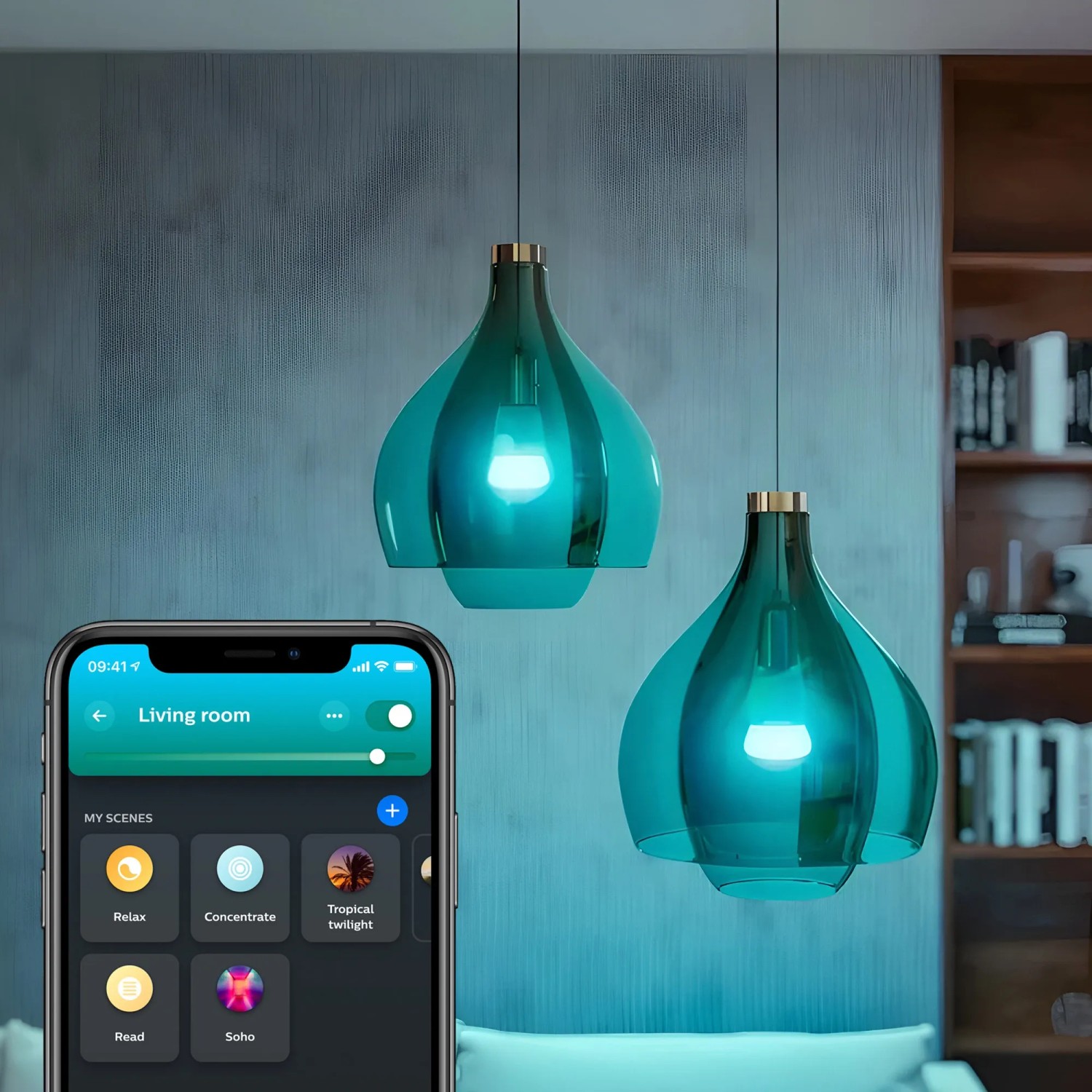 Philips Hue Bridge Pro Set mit Dimmer und 2 E27 Leuchtmitteln, gesteuert per Smartphone.