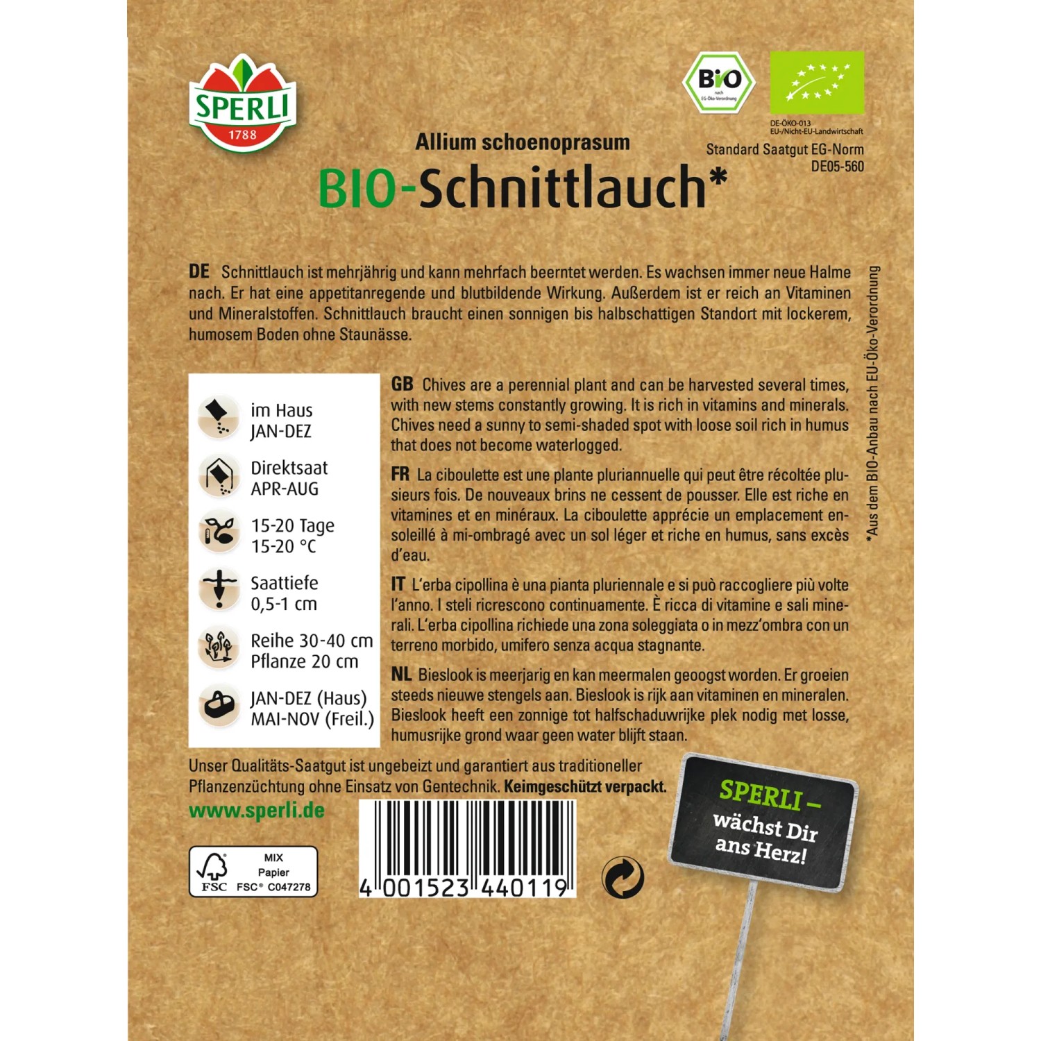 Sperli Kräuter Schnittlauch Staro Samenpackung für aromatische Kräuter.