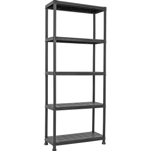 Schwarzes OBI Kunststoffregal S-75 mit 5 Böden, 176x74x32 cm, ideal für Keller und Garage.