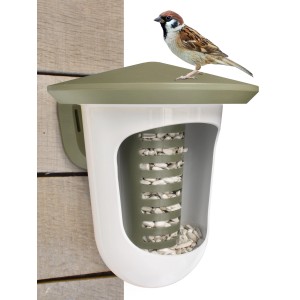SingingFriend Vogelfutter-Spender Multi Feedr, grün-weiß, mit Spatz. Vogelhaus für verschiedene Futtersorten.