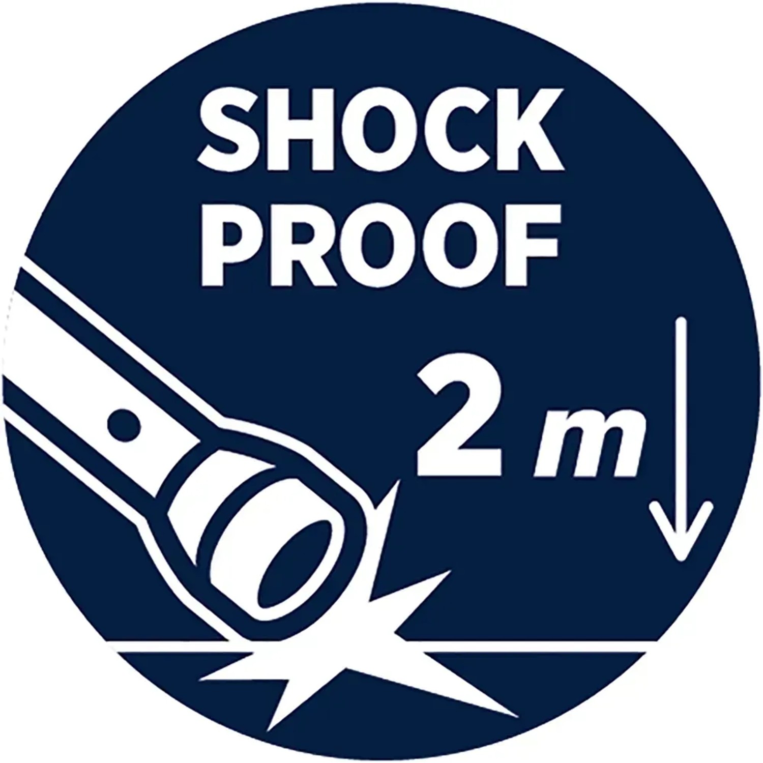 Symbol: Stoßfeste Taschenlampe, Fallhöhe 2m.