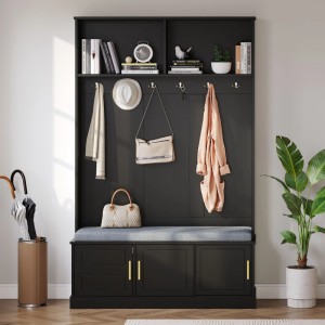 okwish Garderobenständer mit Schuhbank 6 Dreifach-Haken Flur 120x191x40cm Schwarz