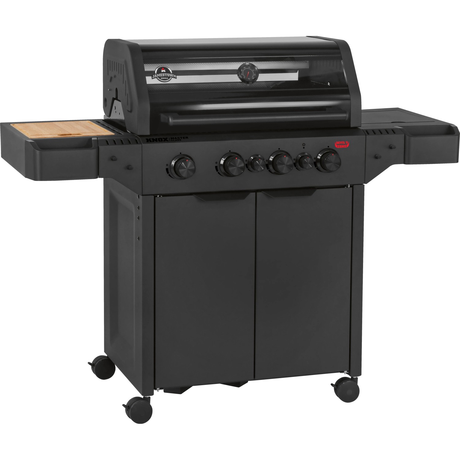 Schwarzer Jamestown 4-Brenner Gasgrill KNOX Master Class mit Abdeckhaube und Seitentischen.