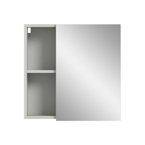 Hellgrauer Spiegelschrank (55x55x17 cm) mit einer Tür und zwei Ablagefächern.