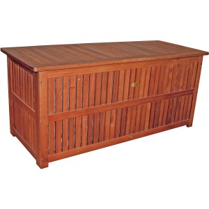 Auflagenbox Plano aus Eukalyptusholz mit Folieninnentasche zur Aufbewahrung von Gartenauflagen.