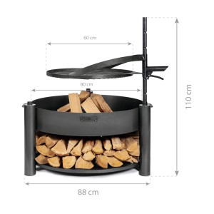CookKing Montana X Feuerschale aus Stahl mit Holzlager, Ø 88 cm, schwarz. Inklusive Grillrost.