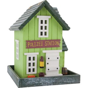 Vogelfutterhaus im Design einer Polizei Station aus lackiertem Holz für Garten und Balkon.