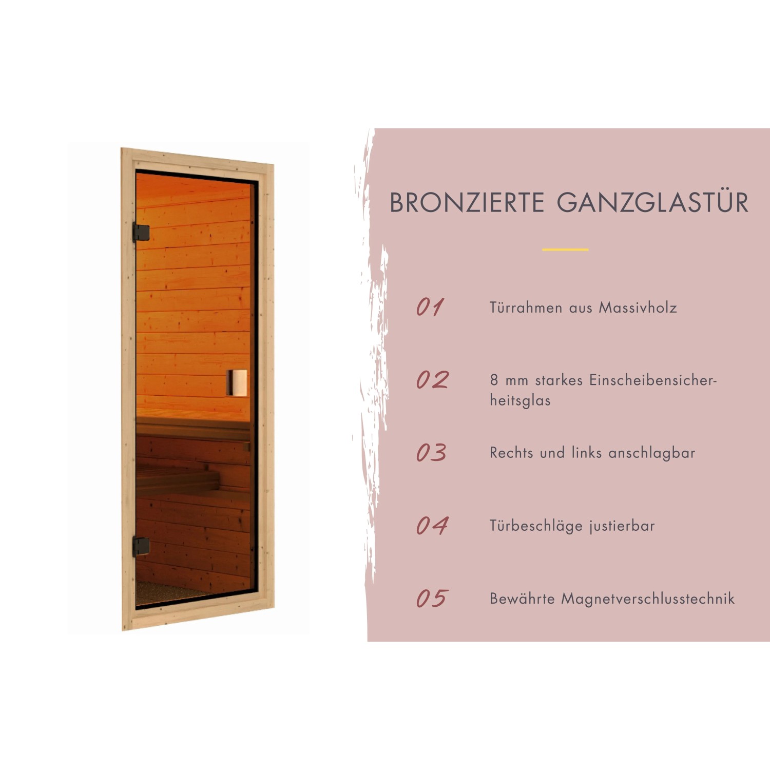 Detailaufnahme: Bronzefarbene Glastür mit Holzrahmen für Karibu Saunahaus Espen.