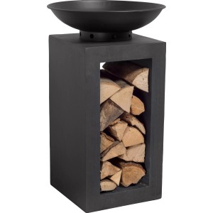 Schwarze Feuerschale (Ø 40 cm) auf Fibreclay-Konsole (66 cm hoch) mit Brennholzlager.