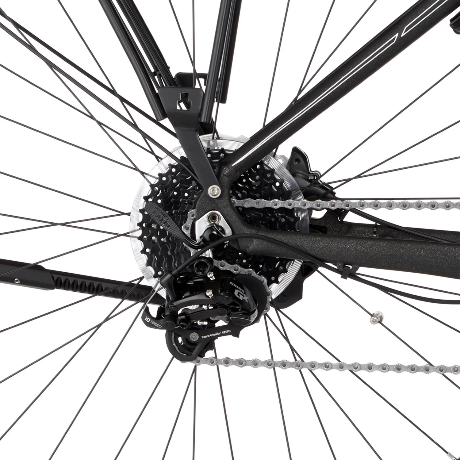 Detailaufnahme des Fischer E-Bike Viator 6.0i: Schaltwerk und Zahnkranz hinten.