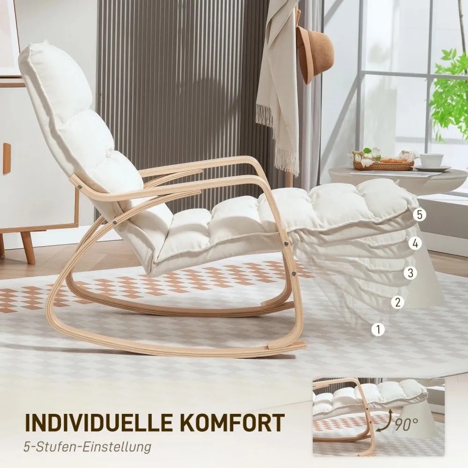 Cremeweißer HOMCOM Schaukelstuhl mit hellem Holzrahmen und 5-fach verstellbarer Fußstütze für Komfort.