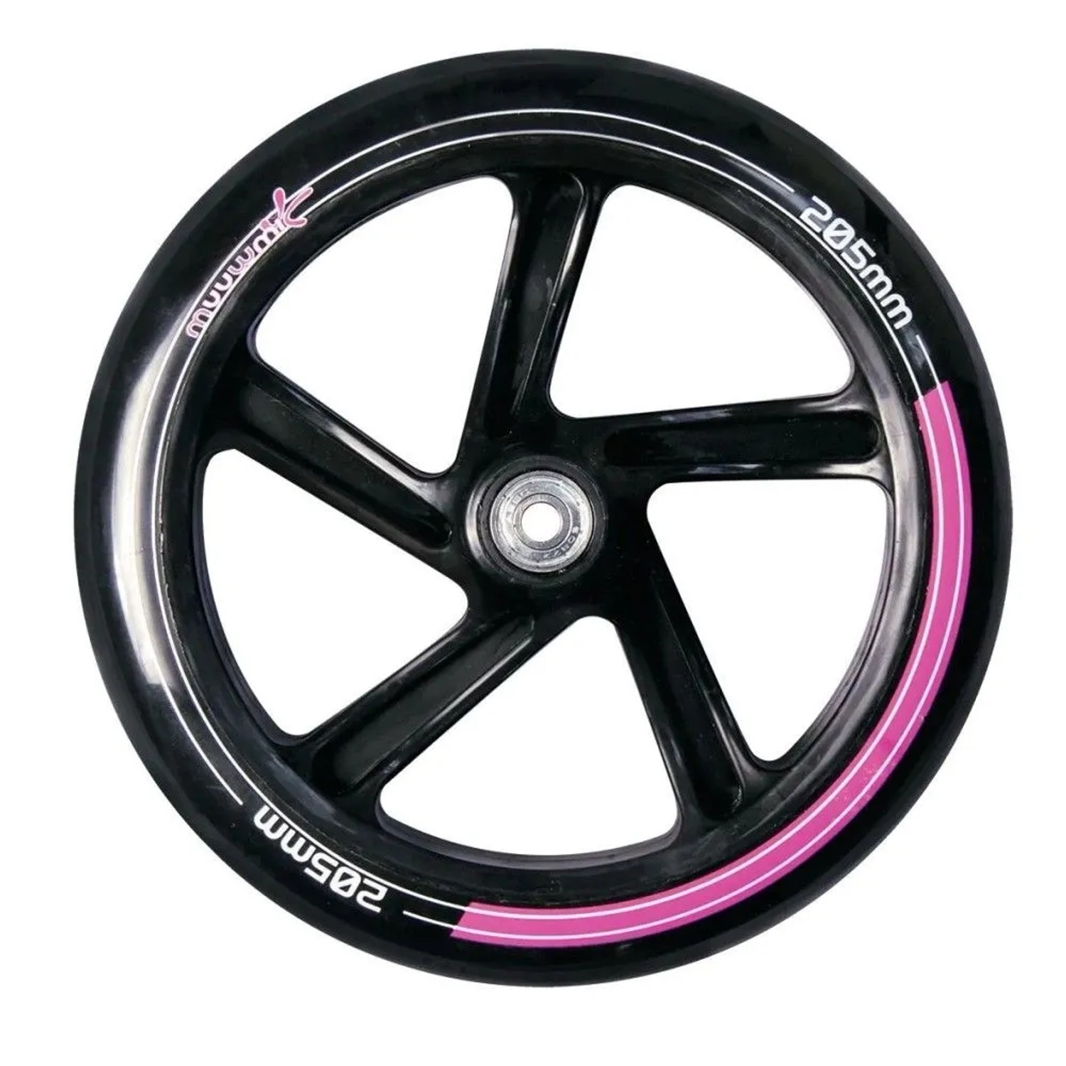 Schwarzes Muuwmi Scooter Rad 205mm mit pinkem Akzent. Ersatzteil für Tretroller und Sportgeräte.