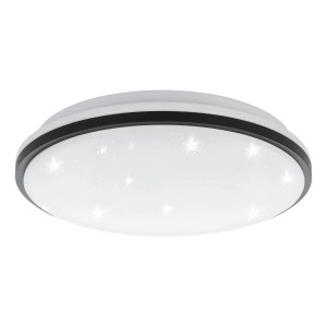 Weiße Eglo LED-Deckenleuchte Marunella-S mit schwarzem Rahmen und Sternen-Effekt.