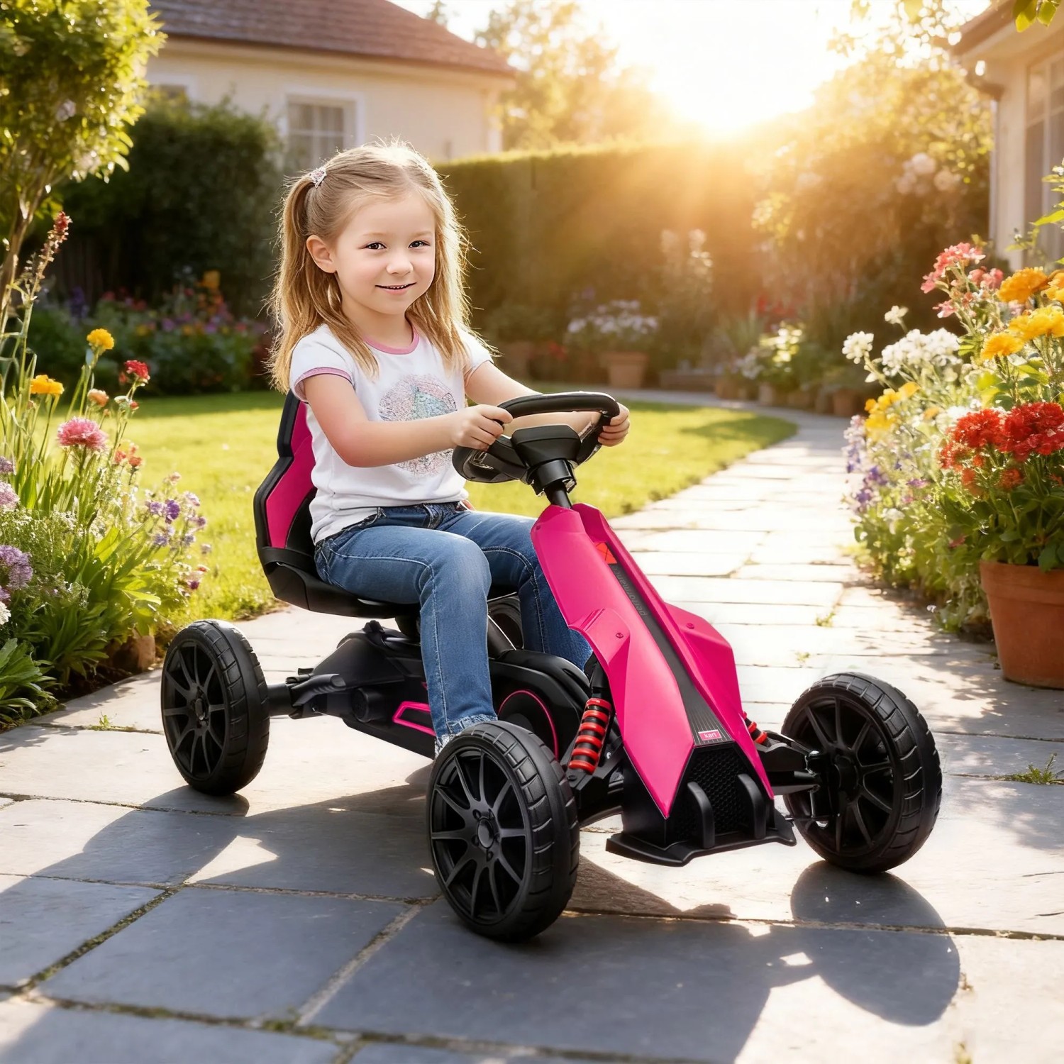 Fröhliches Mädchen auf pinkem HOMCOM Go-Kart mit Pedal-Antrieb im sonnigen Garten. Verstellbarer Sitz für Kinder.