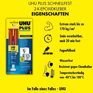 Uhu Plus Schnellfest 2-K Epoxidkleber in Doppelkammer-Spritze, transparent, 27g.