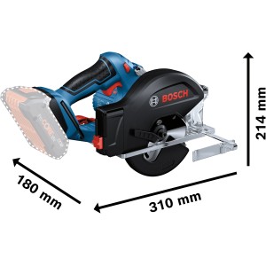 Bosch Professional GKM 18 V-50 Akku-Kreissäge (ohne Akku) in L-Boxx mit Maßangaben.