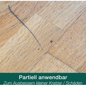 Geölter Parkettboden mit Kratzern, behandelt mit Bona Parkettpflegeöl Neutral.